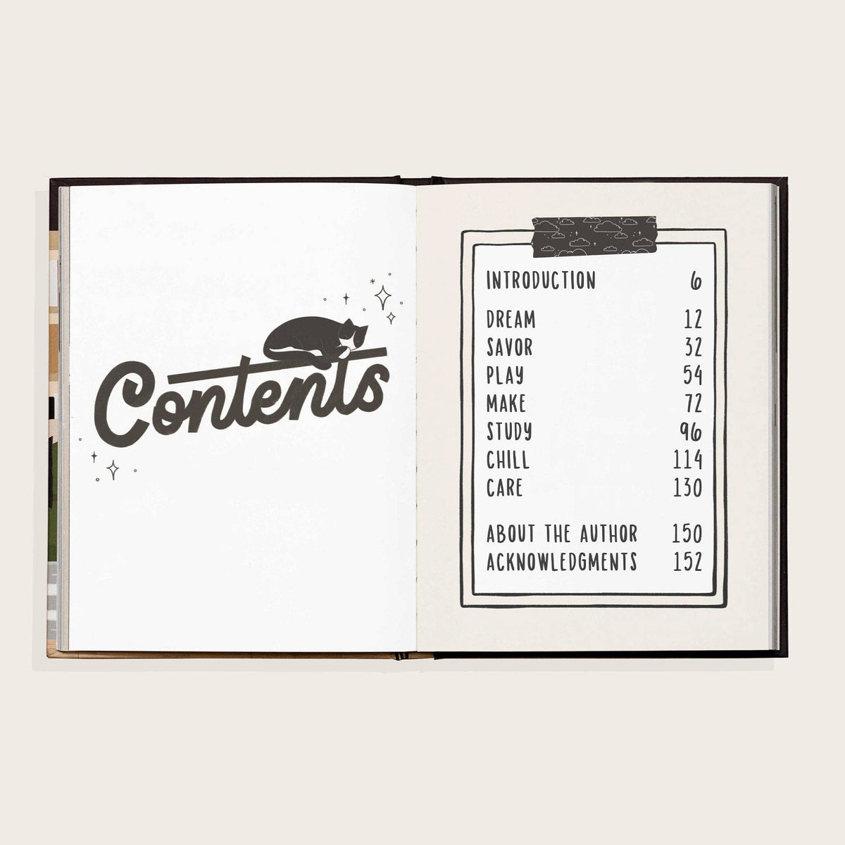 Open book showing a contents page with black text on a white background