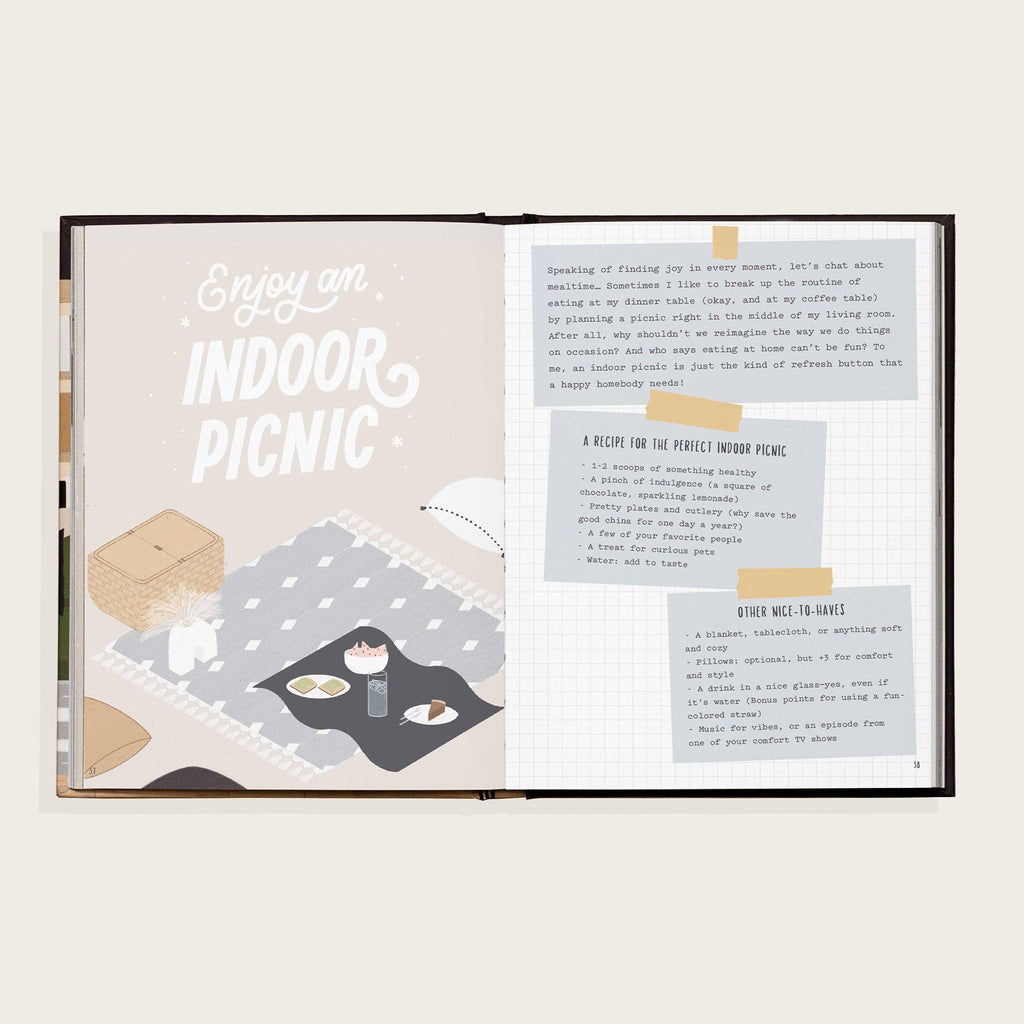 Open book with illustrations and text on a white background