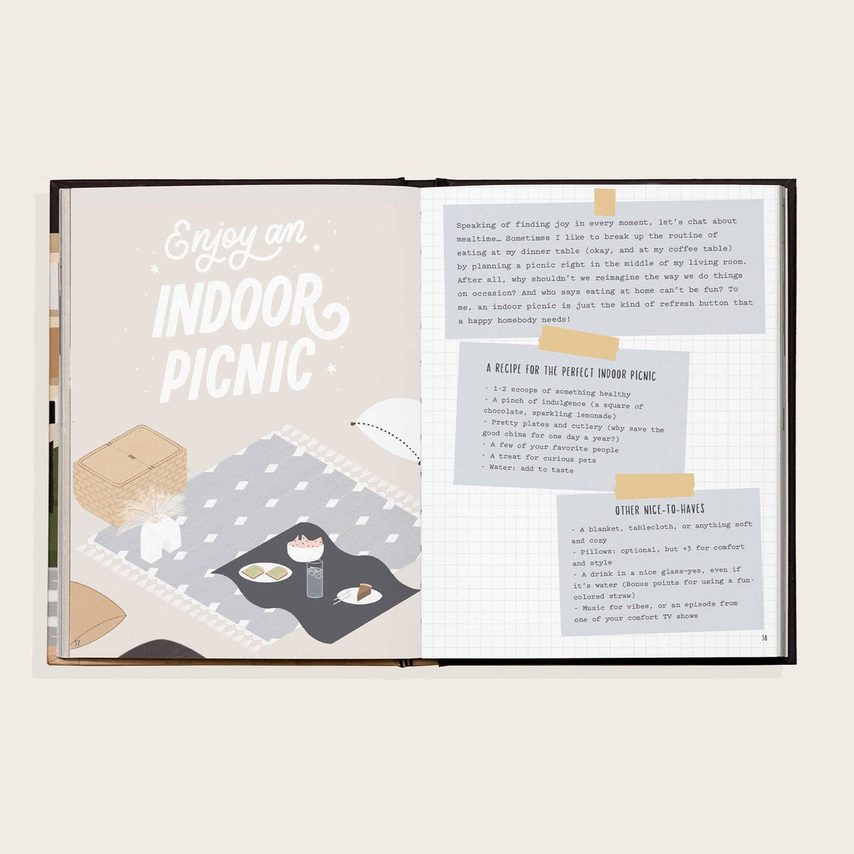 Open book with illustrations and text on a white background