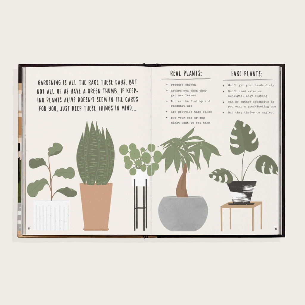 Open book with illustrations of plants and text on a white background