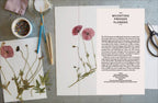 Booklet on mounting pressed flowers with dried flowers and tools on a table.