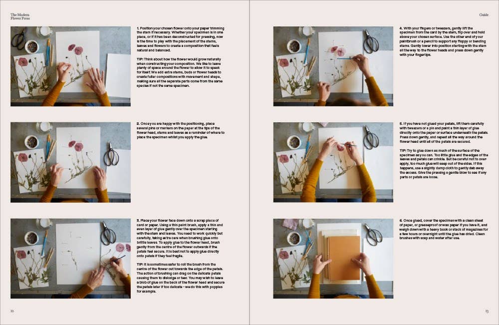Two-page spread from a book showing hands working with paper and stationery items.