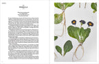 Book page with text on the left and a pressed plant illustration on the right