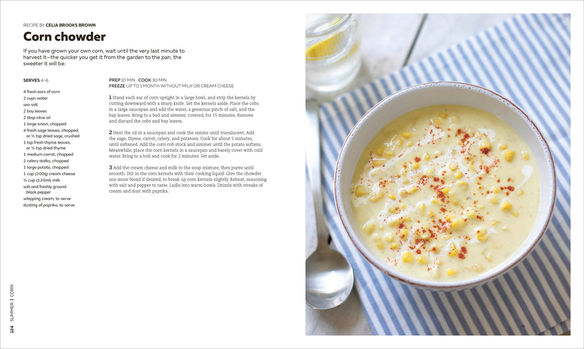 Bowl of corn chowder on a striped tablecloth with recipe text on the left.