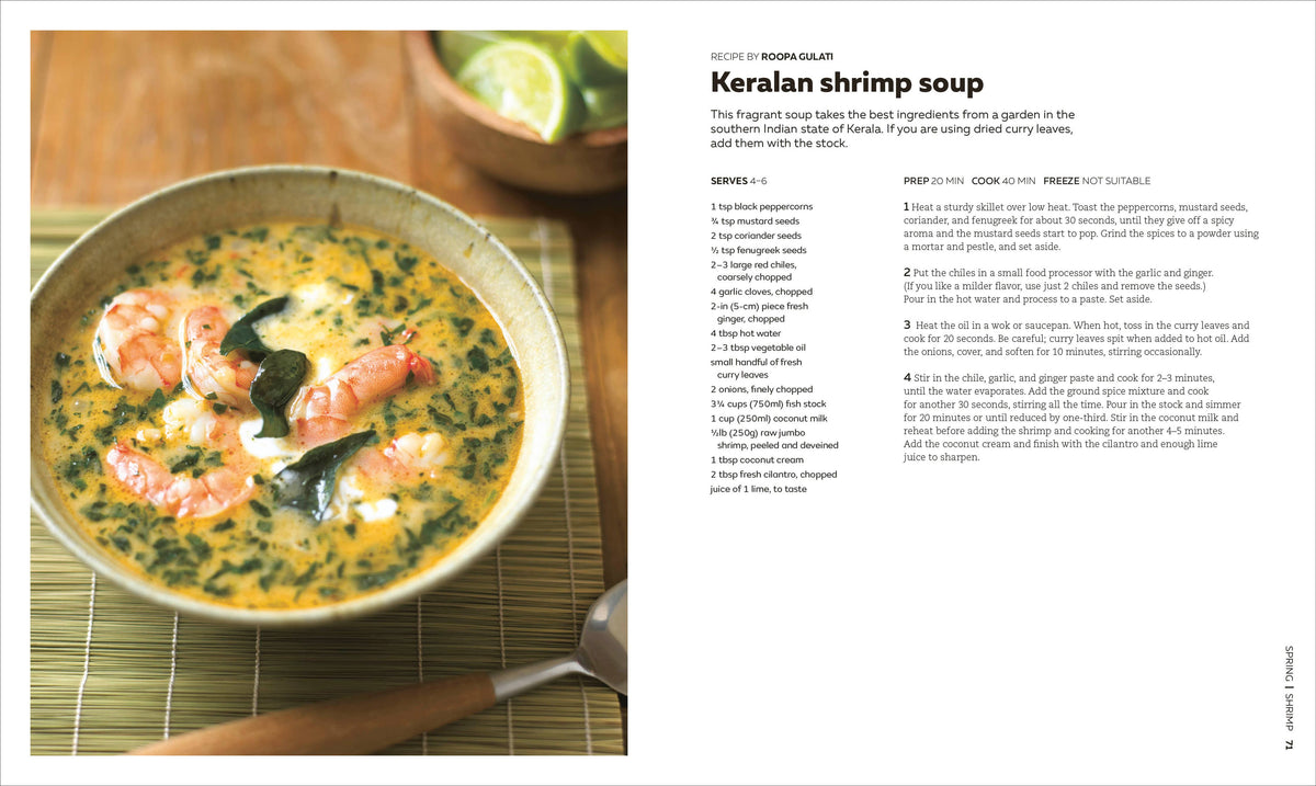 Keralan shrimp soup in a bowl with a recipe on the right side.