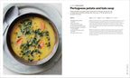 Portuguese potato and kale soup in a bowl with recipe text on a white background