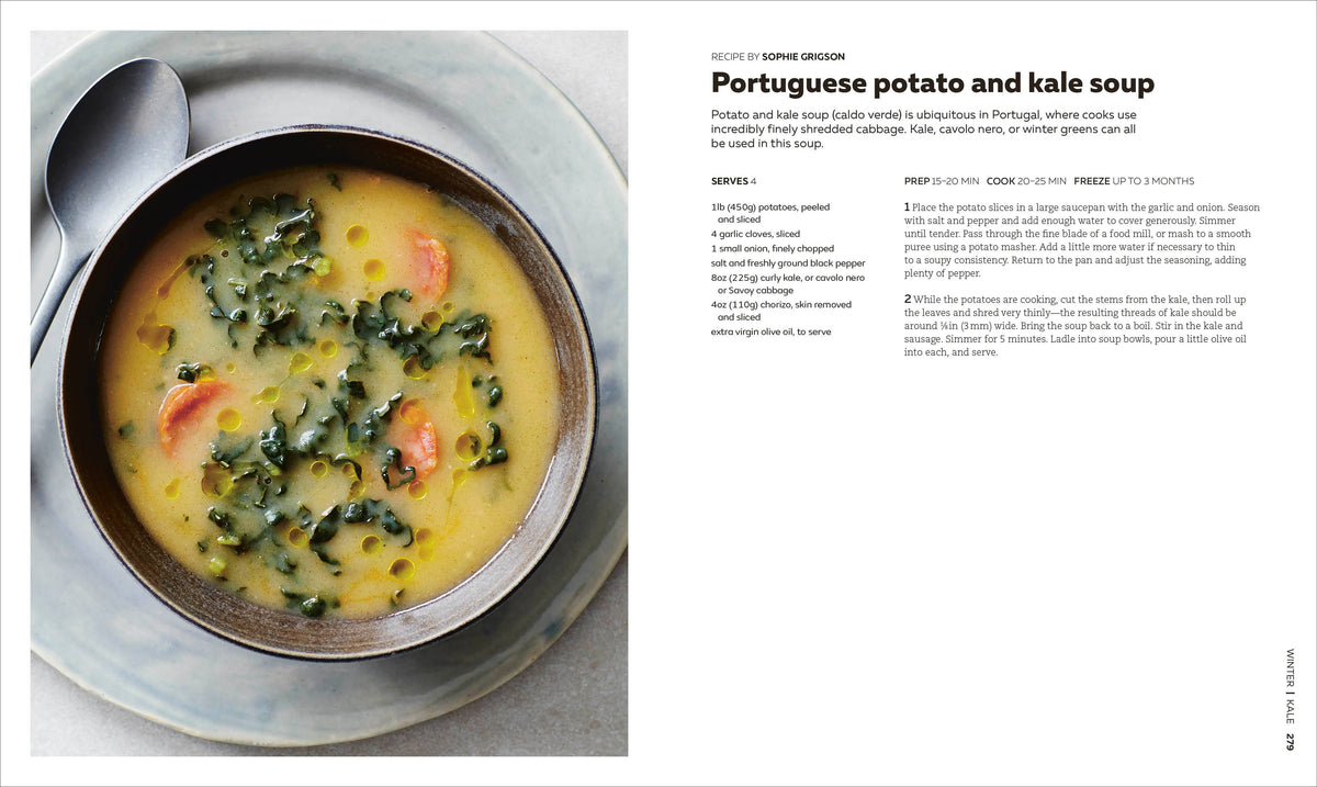 Portuguese potato and kale soup in a bowl with recipe text on a white background