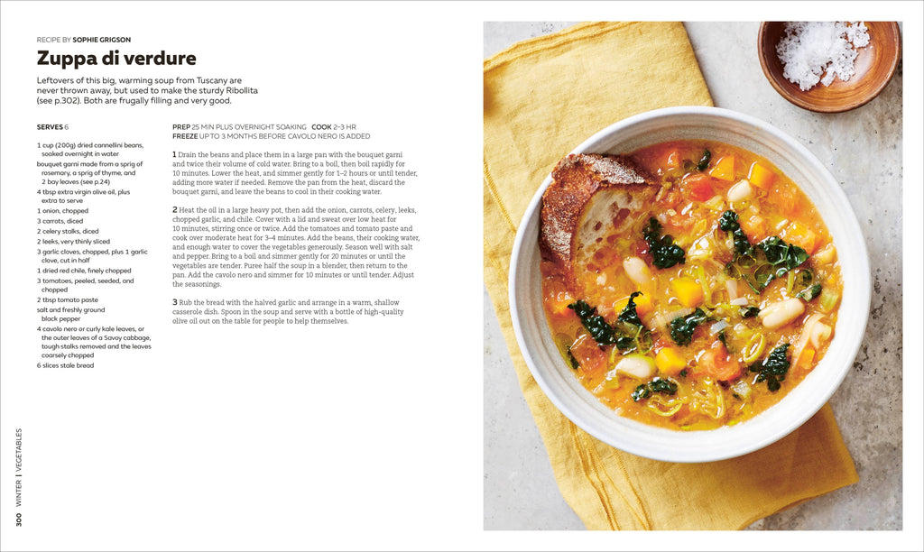 Bowl of vegetable soup on a yellow napkin with text on the left side.