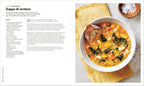Bowl of vegetable soup on a yellow napkin with text on the left side.