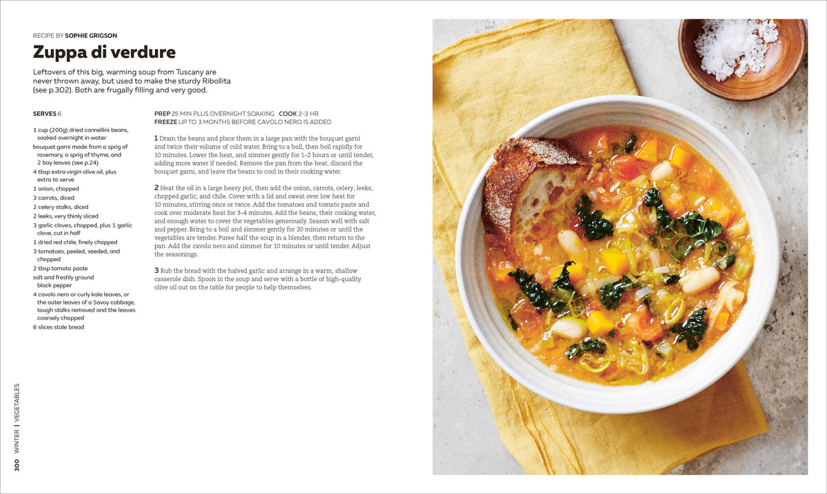 Bowl of vegetable soup on a yellow napkin with text on the left side.
