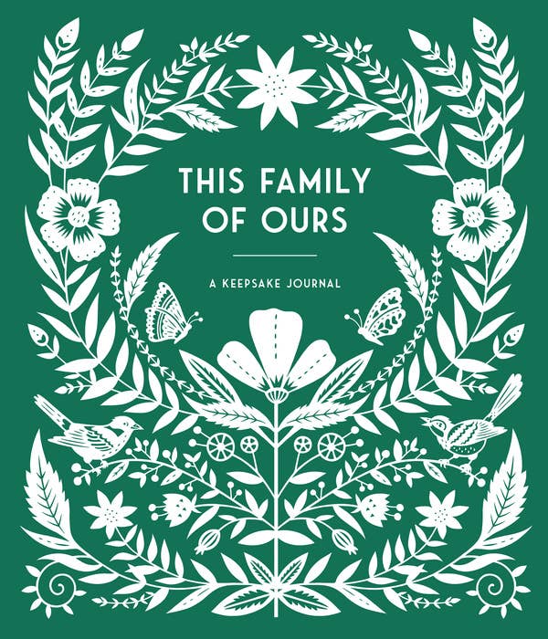 Book cover with white floral and leaf design on a green background