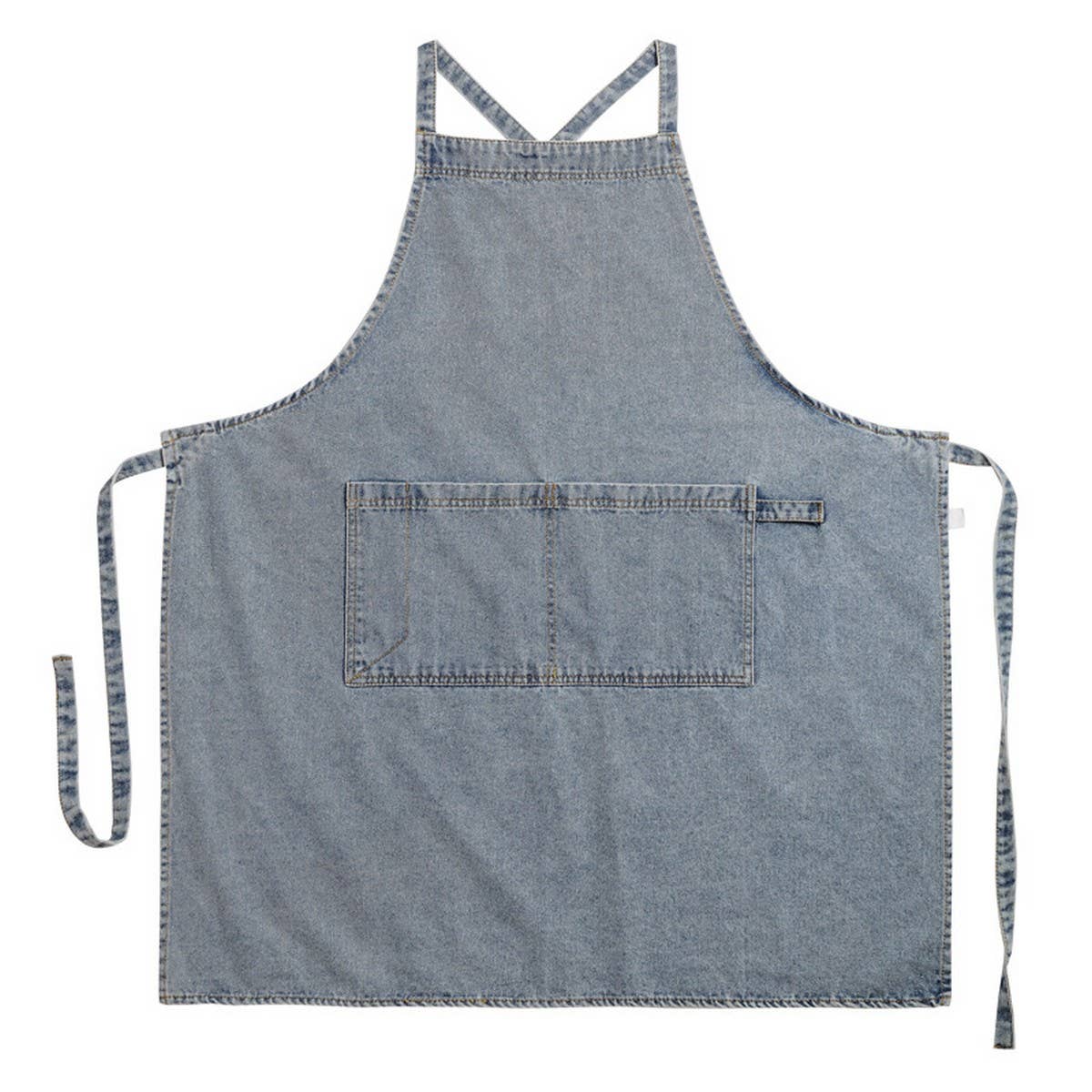 Blue denim apron on a white background