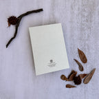 A blank cream-colored letterhead card with a small crest and text at the bottom, styled in a flat-lay with dried leaves and a twig on a textured light gray background.