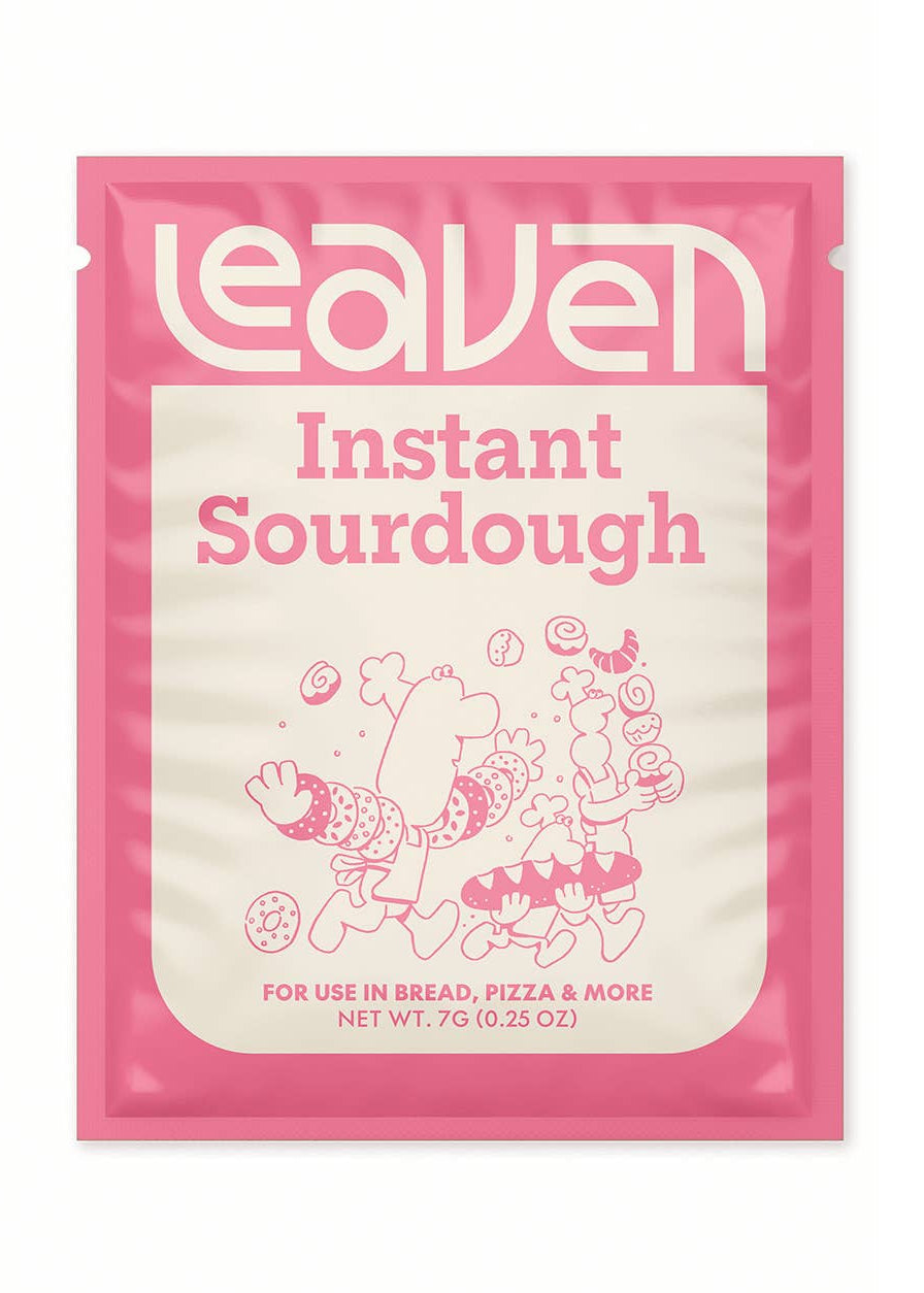 Leaven instant sourdough package with pink border and cartoon character on a white background