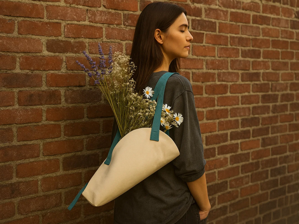 Woman holding a tote bag with flowers against a brick wall