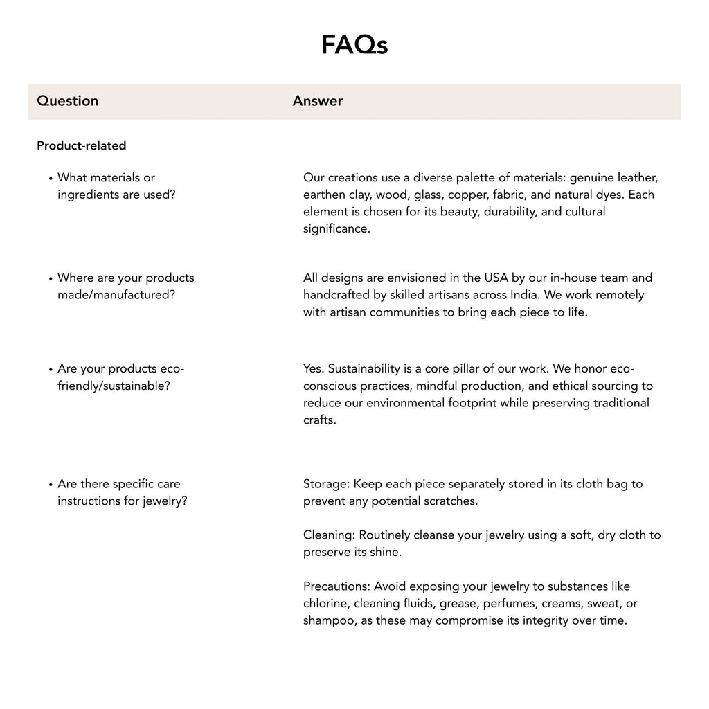 FAQs section with questions and answers about product materials, manufacturing location, sustainability, care instructions, and precautions.