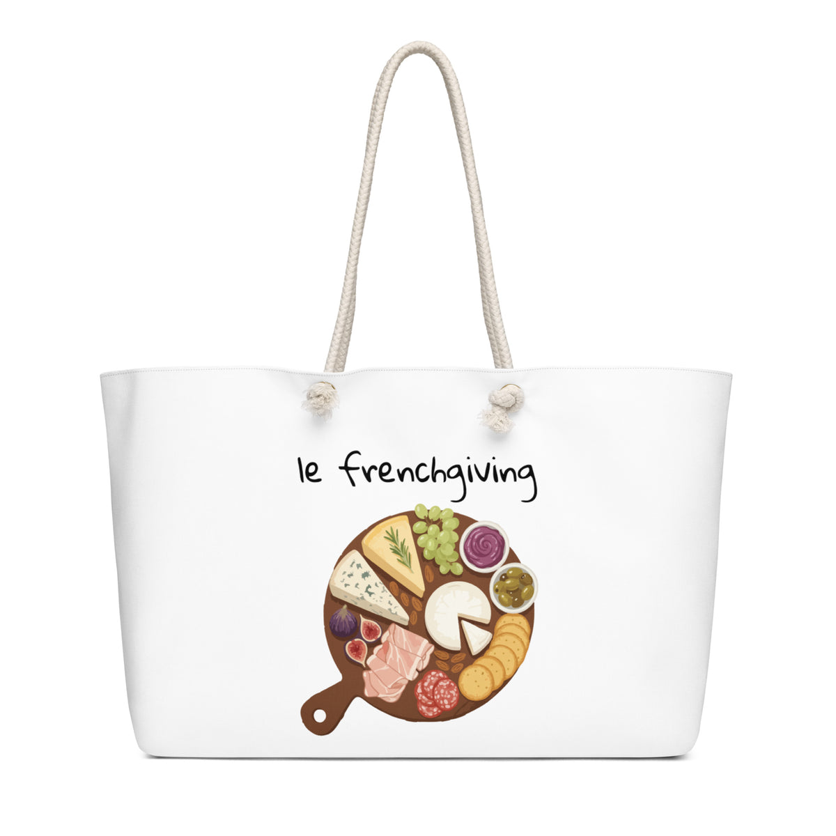 White tote bag with a graphic of a charcuterie board and 'le frenchgiving' text on a white background