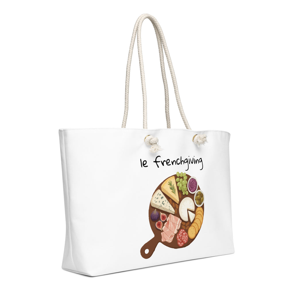 White tote bag with a food illustration and 'le frenchgiving' text on a white background