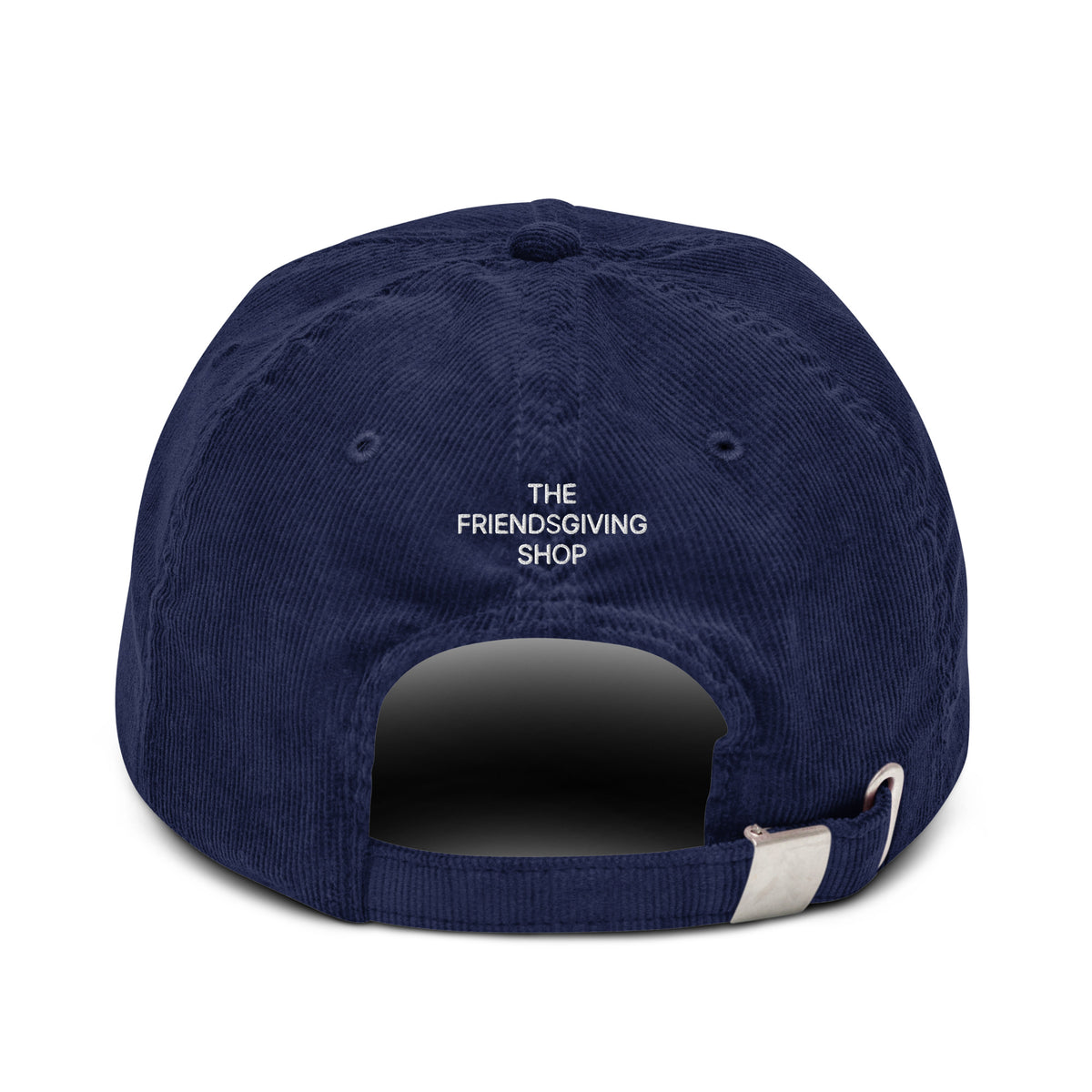 Back view of a rich navy cotton corduroy cap featuring white embroidered text that reads 'The Friendsgiving Club'.