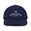 Front view of a rich navy cotton corduroy cap featuring white embroidered text that reads 'The Friendsgiving Club'.